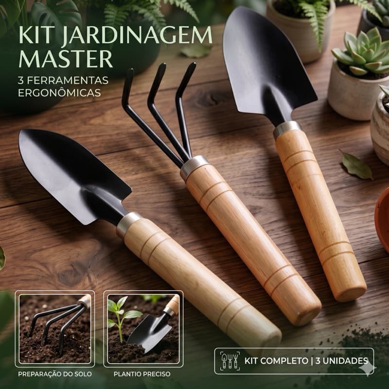 Kit 3 Peças para Jardim e Horta - Ferramenta de Jardinagem