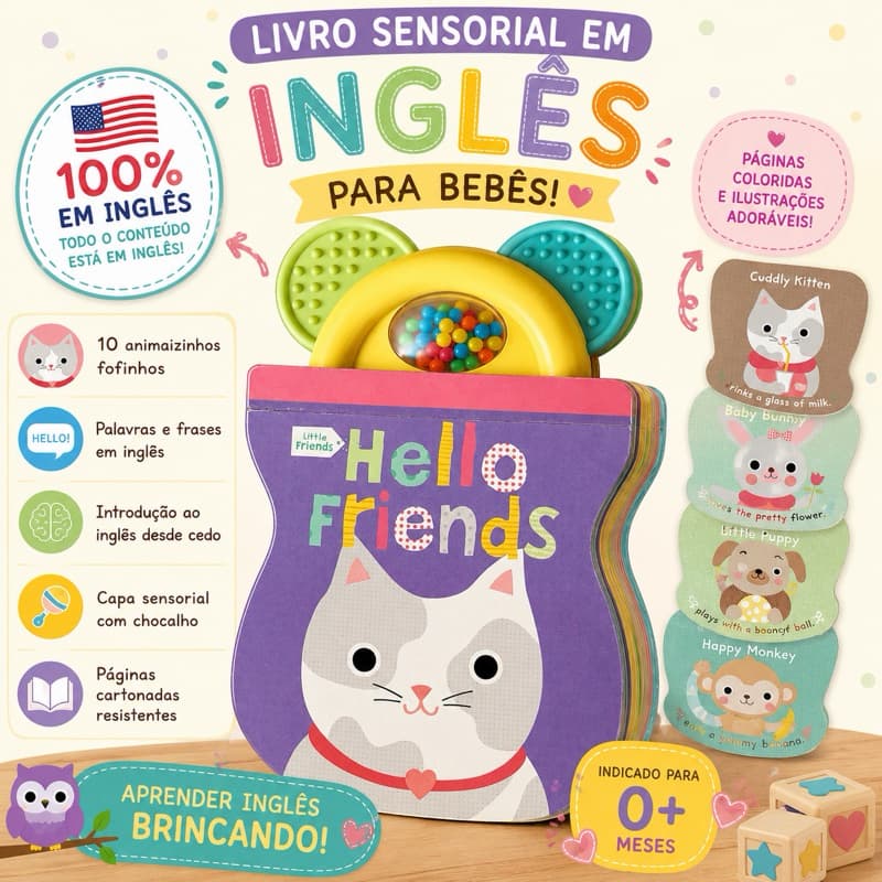 Livro Sensorial Infantil Em Inglês Hello Friends Animais Bebê Chocalho