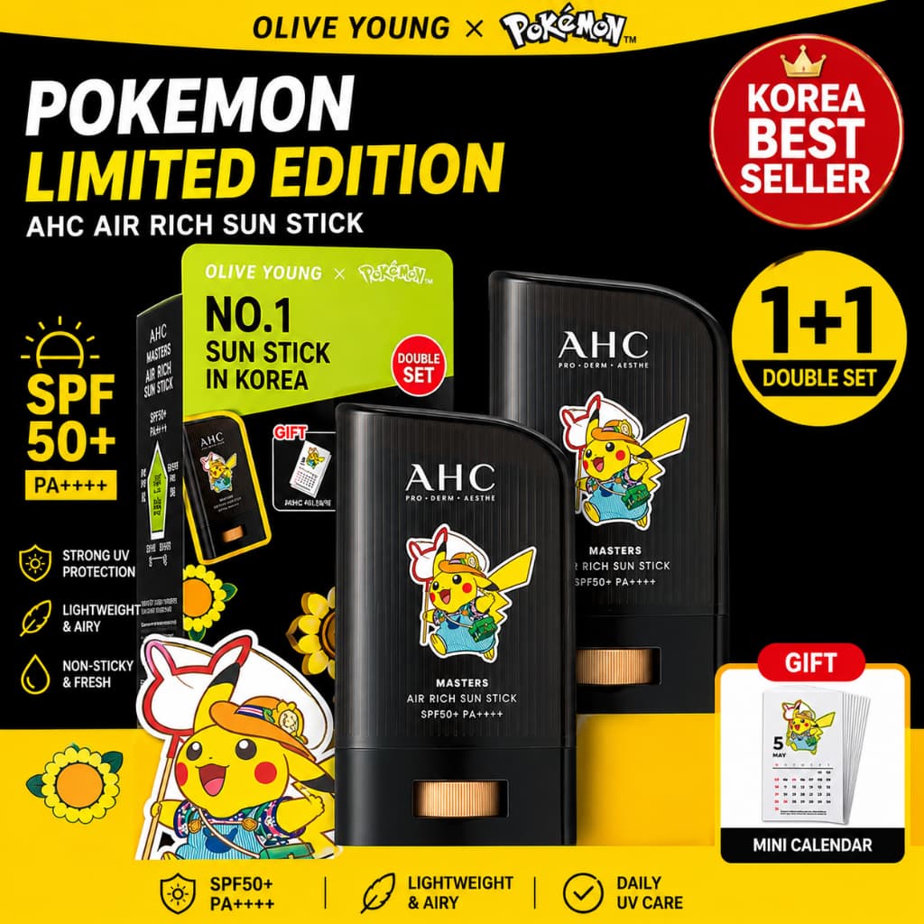 [OY06] Bastão Solar Rico Em Ar AHC 22g + 22g | Edição Limitada Pokémon Fps50 + PA + Cuidados Solares Coreanos