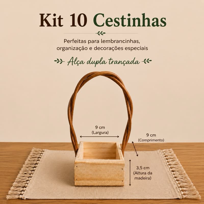 Kit 5 ou 10 Cestinhas de Madeira Pinus 9x9cm Alça Dupla Trançada para Lembrancinhas e Presentes