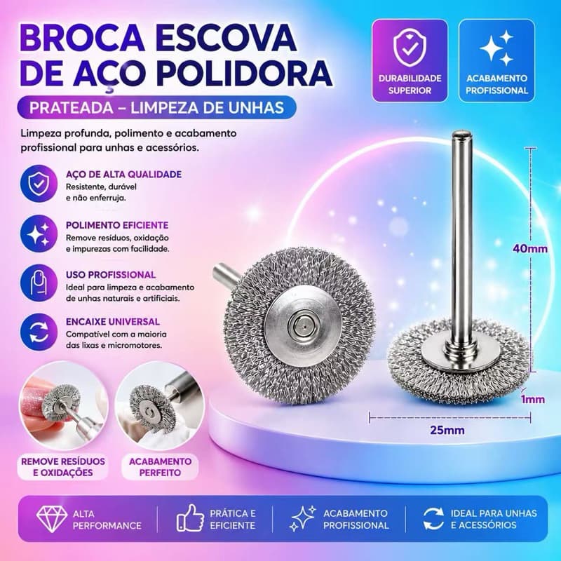 Escova de Aço para Broca Elétrica Unhas Polimento Limpeza Profissional Universal 25mm