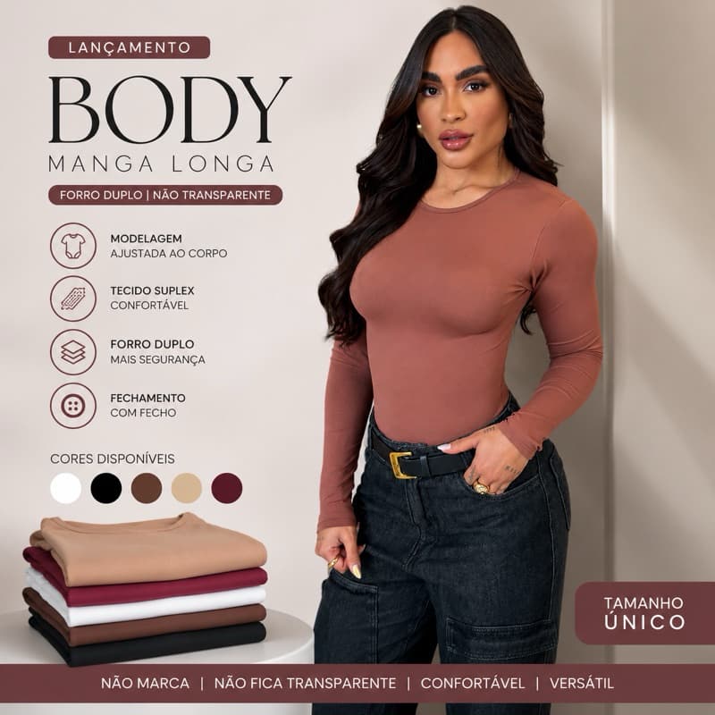 Body Feminino Manga Longa Forrado Duplo Não Transparente Ajustado Casual Básico Moda Feminina