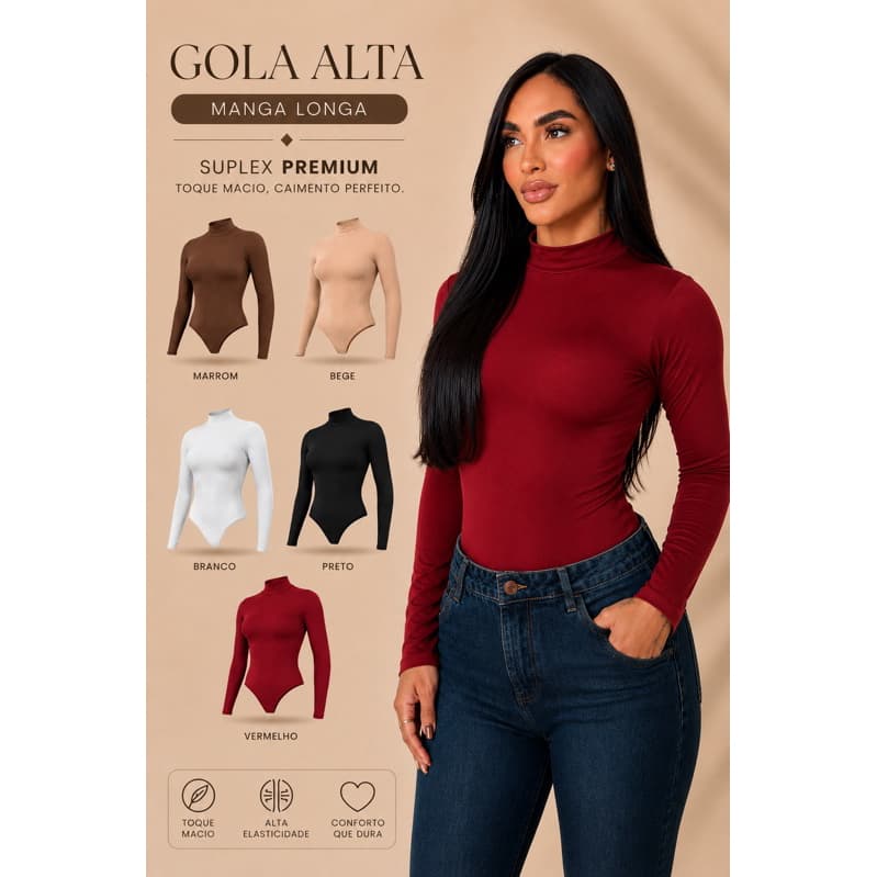Body Feminino Gola Alta Manga Longa Suplex com Elastano Body Moda Blogueira Elegante