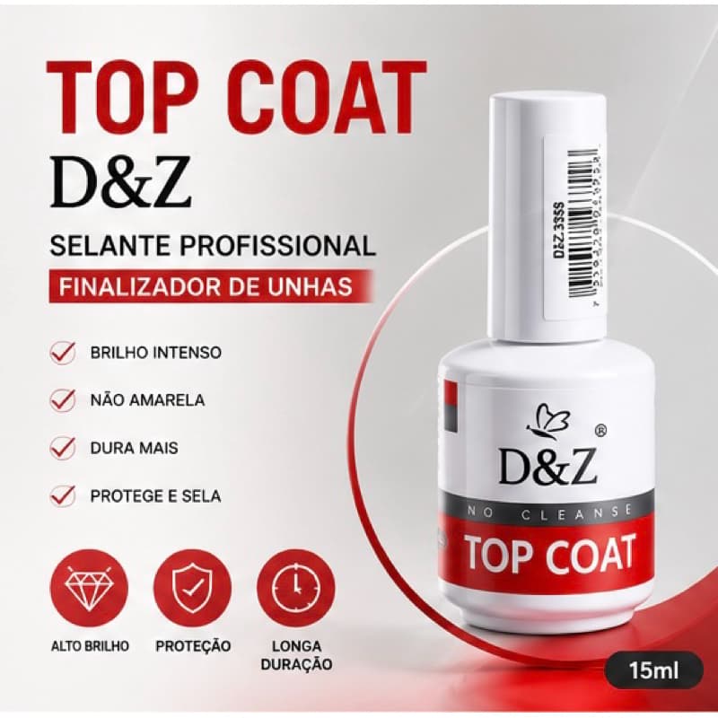 Top Coat D&Z Selante Profissional 15ml Finalizador para Unhas em Gel Alto Brilho No Cleanse UV/LED