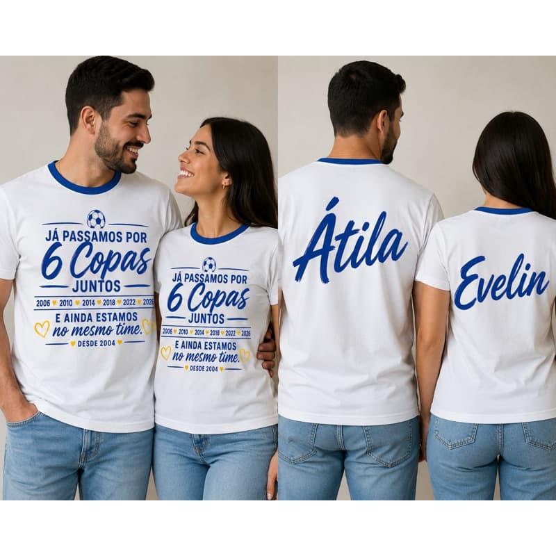 Camisa Personalizada Casal Copa do Mundo | Qualquer Tema | Nome e Data Personalizados