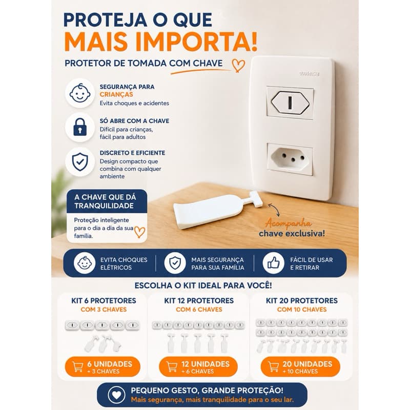 Kit Protetor de Tomada com Chave de Segurança Infantil | Anti Choque | 6, 12 ou 20 Protetores + Chaves