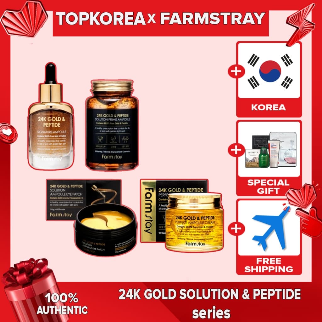 FARMSTAY 24K GOLD & PEPTIDE Signature Ampoule 35ml/Solution Eye Patch 90g/Perfect Cream 80ml Prime 250ml TOPKOREA Envio Da Coreia