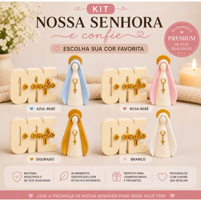 kit Imagem Religiosa Nossa Senhora Aparecida + Letreiro Ore e Confie.