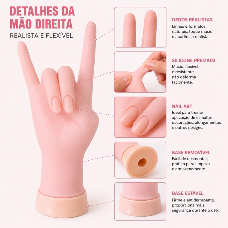 Mão de Silicone para Treino de Unhas Nail Art Flexível Realista com Base Removível