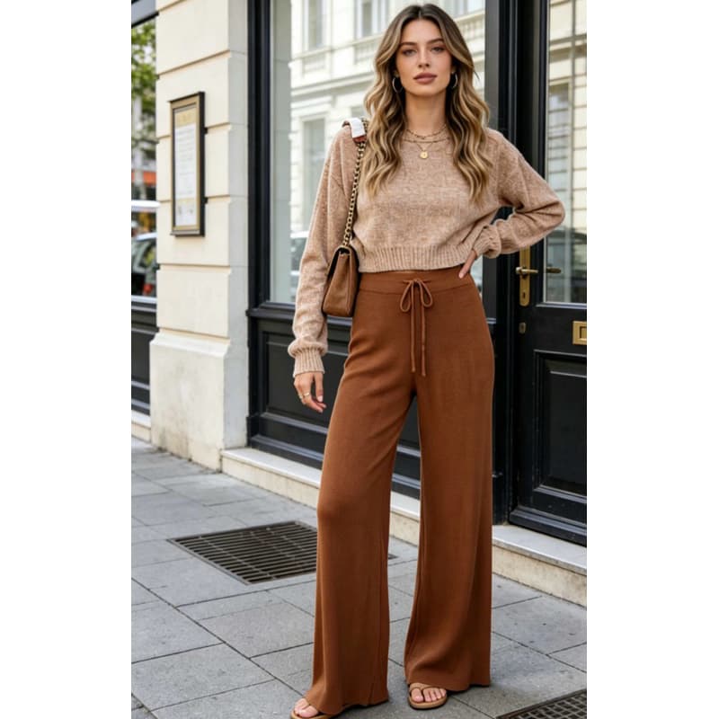 Calça Feminina Tricot Canelada Cintura Alta Reta Confortável Inverno