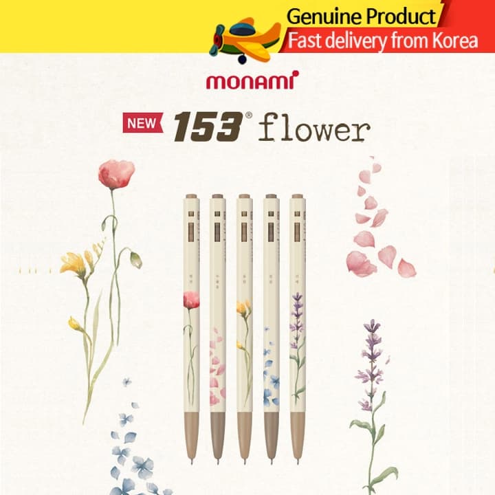 Conjunto Canetas Esferográficas Monami 153 Flower – 5 unidades (0.5mm Tinta Preta, Original da Coreia)
