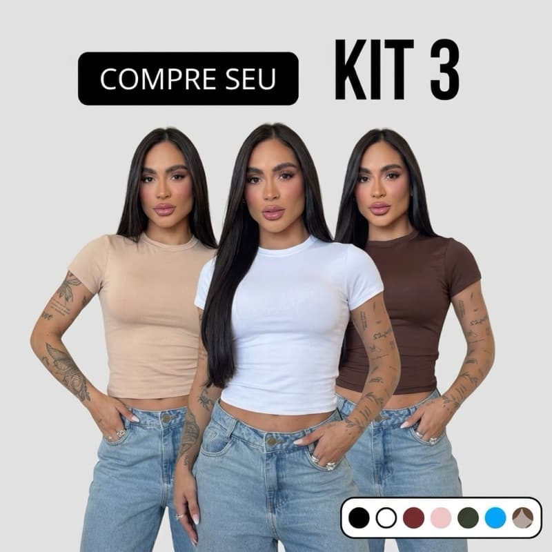 Kit 3 Blusa Baby tee em Suplex Feminina Básica Lisa Premium Ajustada Confortável Casual