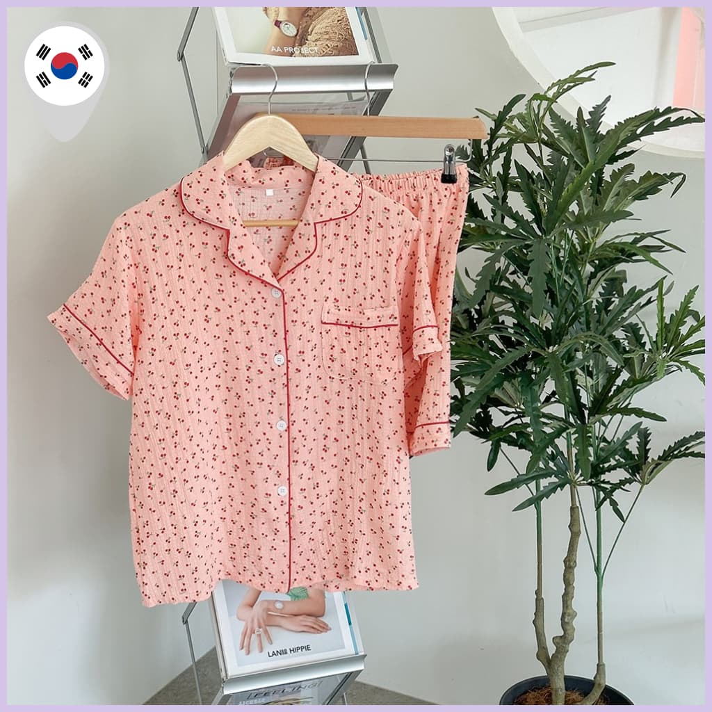 [ELounge] Conjunto De Pijama Feminino Seersucker De 2 Peças – Loungewear Leve De Manga Curta De Verão , Roupa De Dormir