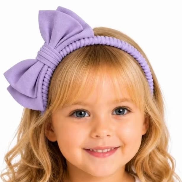 Tiara Infantil com Laço Duplo Sobreposto Estruturado Lilás em Algodão e Várias Cores