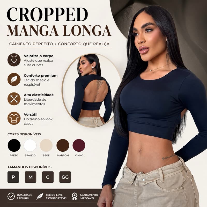 Cropped Manga Longa Feminino Suplex Premium Costas Abertas Blusa Cropped Ajustada Casual Academia