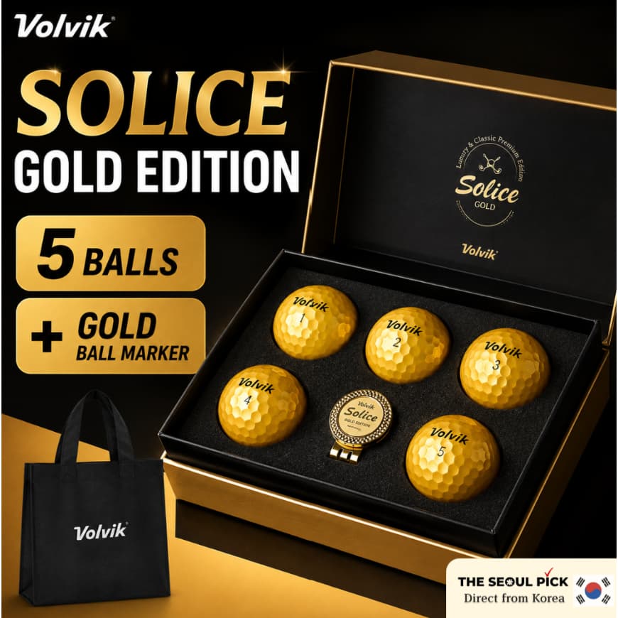[Volvik] Conjunto De Presente De Bola De Golfe Premium Solice Gold Edition 5 Bolas Com Marcador Dourada