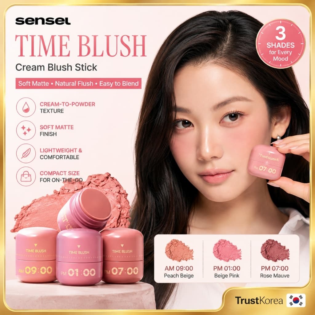 SENSEL Time Blush Creme Stick 9g Macio Fosco Natural Brilho Bochecha Maquiagem 3 Cores