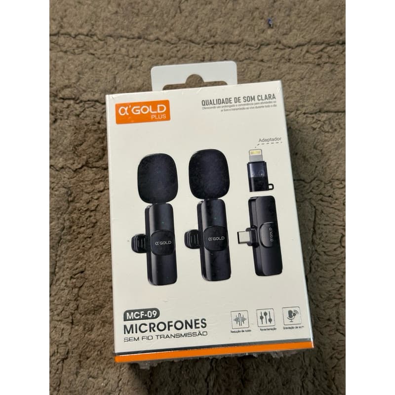 Microfone de Lapela Sem Fio Duplo Profissional A'Gold Plus MCF-09 com 2 Adaptadores iPhone e Type-C - Redução de Ruído