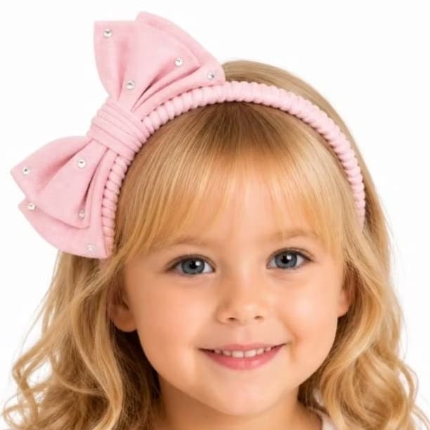 Tiara Infantil Laço Duplo Rosa Bebê com Strass Algodão Várias Cores