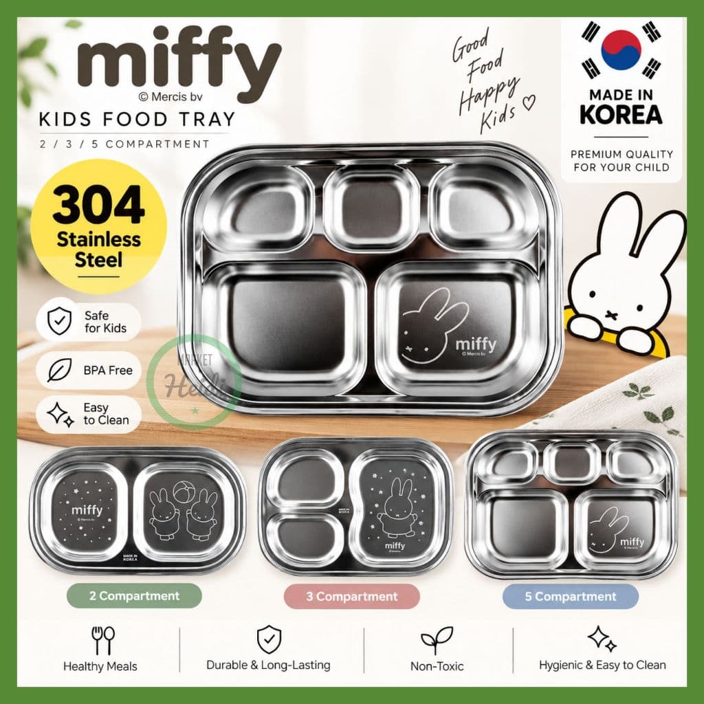 Coreia 🇰🇷 [Miffy] Bandeja De Comida Infantil Em Aço Inoxidável 304 | Prato De Lanche Com 2/3/5 Compartimentos Design Eco