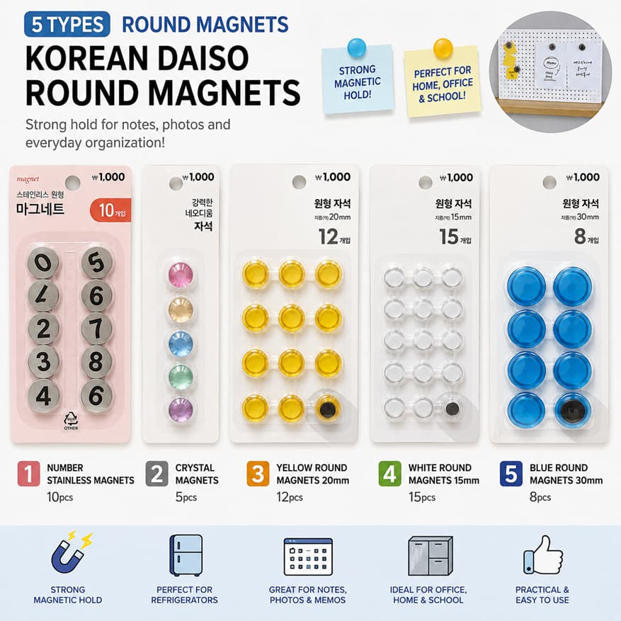 [DA07] Ímãs Redondos Daiso Coreanos – 5 Tipos | Numéricos/De Cristal Amarelos Brancos Azuis