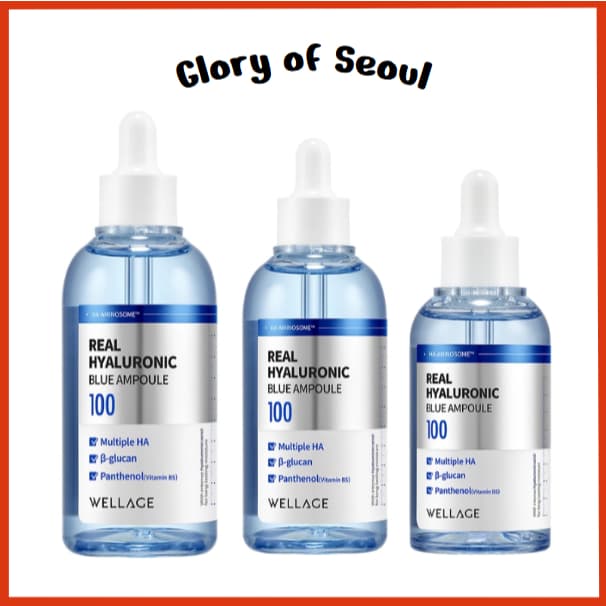 WELLAGE Real Hyaluronic Blue Ampoule 100, 3 Types ( 60mL, 75mL, 100mL ) / Fragrance Free Hyaluronic Acid Ampoule, Hydrating Non Sticky Serum