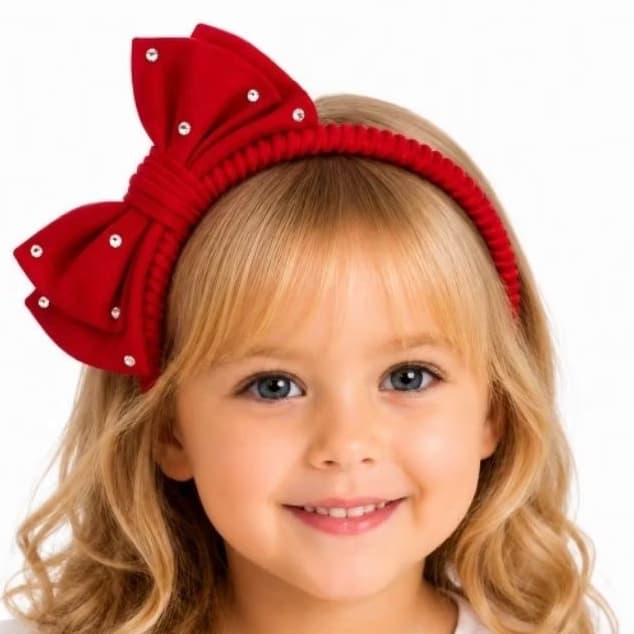 Tiara Infantil Menina Laço Duplo Sobreposto Vermelho  com strass estruturado  em Algodão