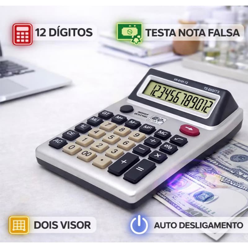 Calculadora Duplo Visor para Comércio Financeira 12 Dígitos com Teste de Nota Falsa