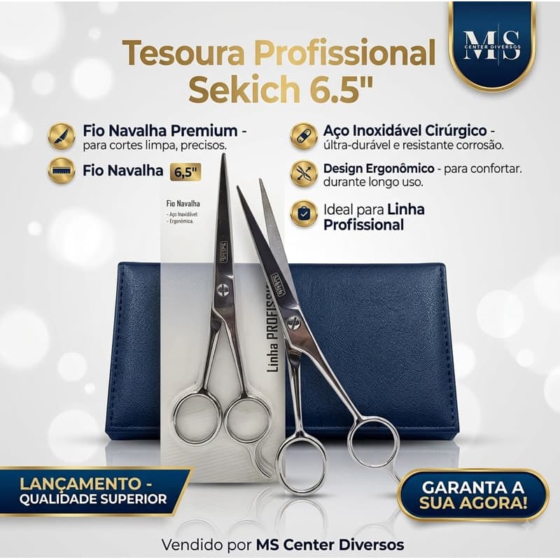 Tesoura Fio Navalha Sekich 6.5 Profissional | Inox Ergonômico | Corte Preciso Cabelo Barba Salão