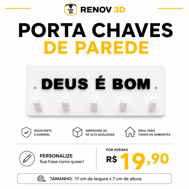 Porta Chaves de Parede Personalizado 3D | Organizador de Chaves Decorativo com Frase Personalizada | 5 ganchos | Suporte