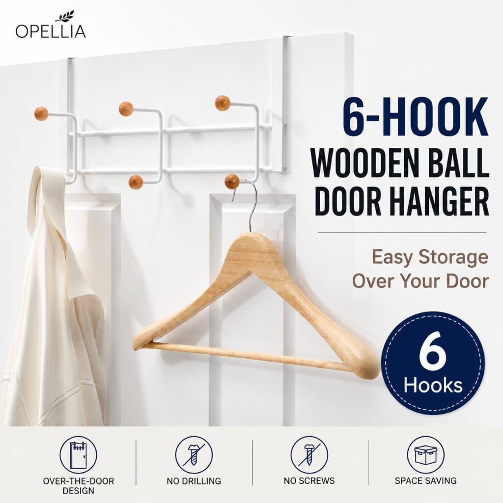 OPELLIA Cabide de Porta 6 Ganchos com Bolas de Madeira Organizador para Roupas Bolsas e Chapeus  👉 120자