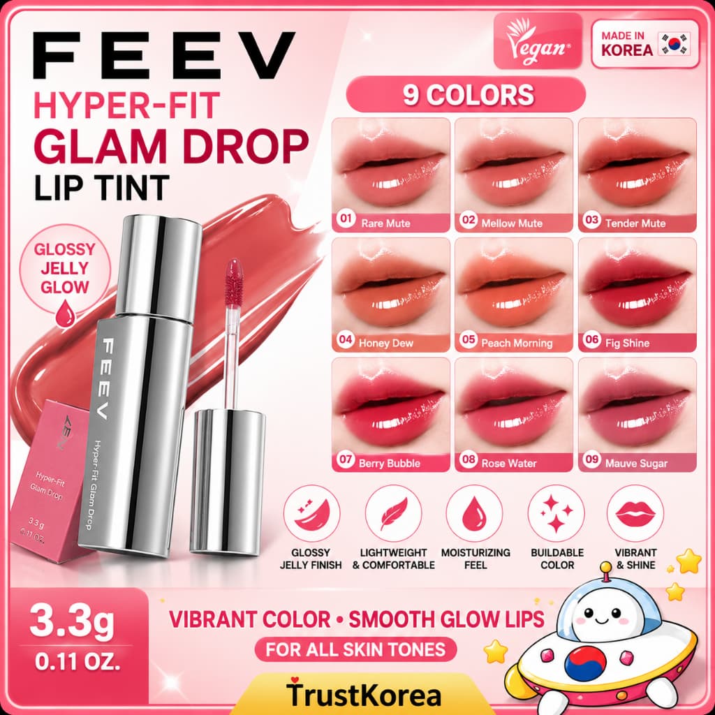 FEEV Hyper-Fit Glam Drop Lip Tint 3.3g 9 Cores Geléia Brilhante Brilho Maquiagem Labial Hidratante Beleza Coreana