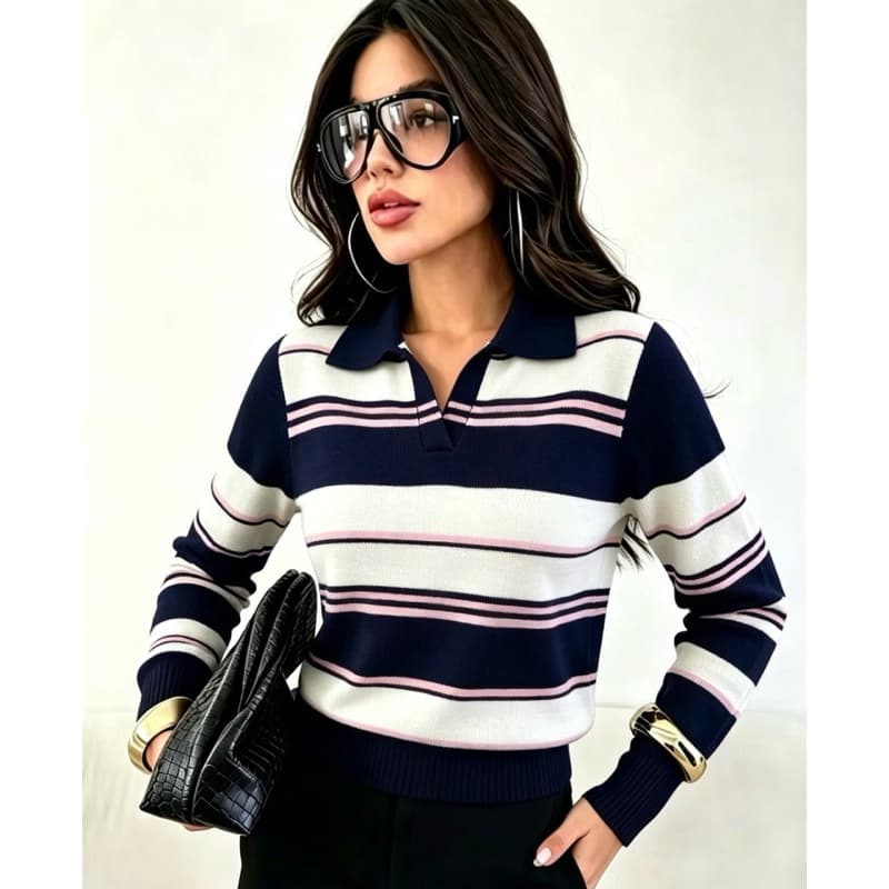 Blusa Feminina de Tricô Gola Polo Listrada Manga Longa Moda Inverno