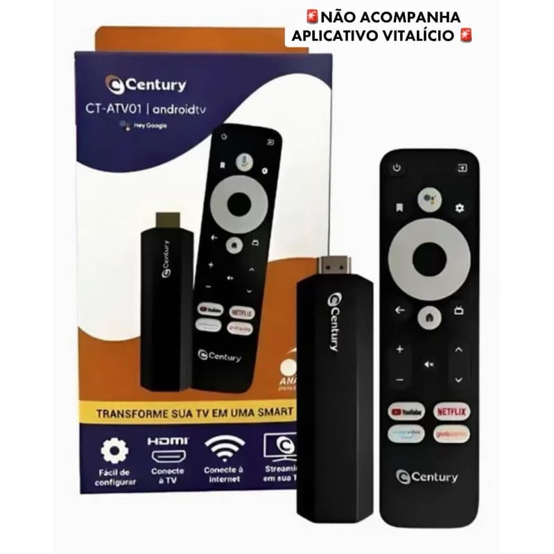Receptor Century Smart TV Android Stick Full HD 8GB Comando De Voz, CT-ATV01