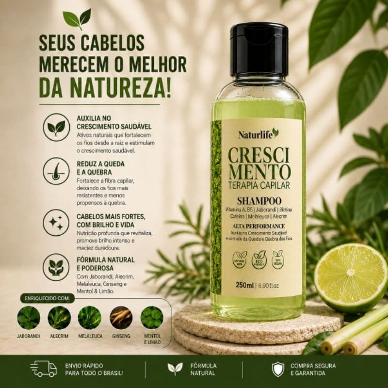 Shampoo Terapia Crescimento Capilar | Jaborandi, Biotina, Cafeína Anti-Queda 250ml | SEM SAL