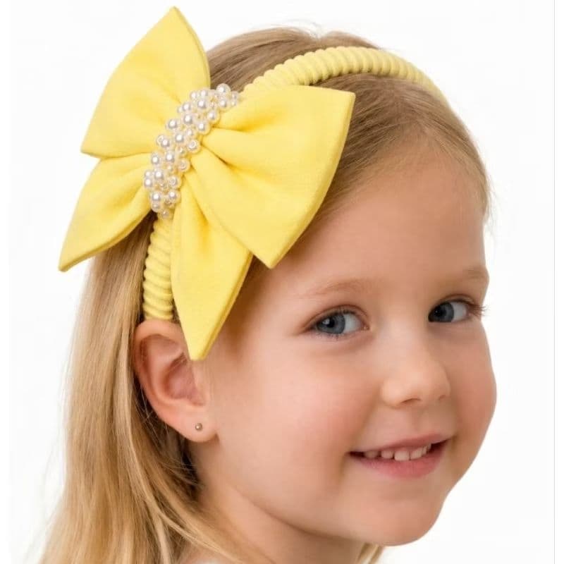 Tiara Infantil Laço M Amarela e Várias Cores em Algodão com Pérolas Bordadas Arco Encapado