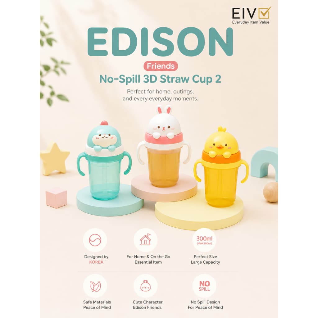 ⭐ Edison Copo De Palha 3D Sem Derramamento Friends 2 Treinamento Para Crianças Com Alças Beber Bebê Resistente A Vazamen