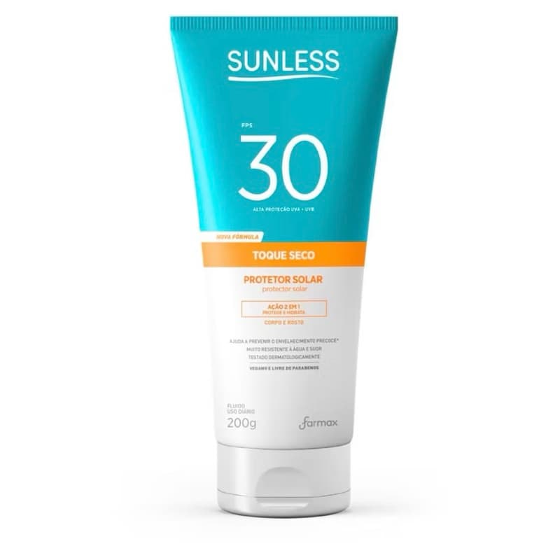 Protetor Solar Sunless Farmax Toque Seco FPS 30 e FPS 50 de 200g