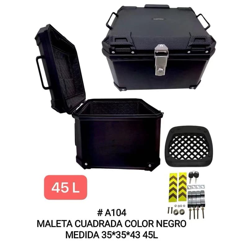 Baú Bauleto Moto 45L Quadrado Preto Modelo A104 Universal C/ Base, Chaves e Kit Fixação