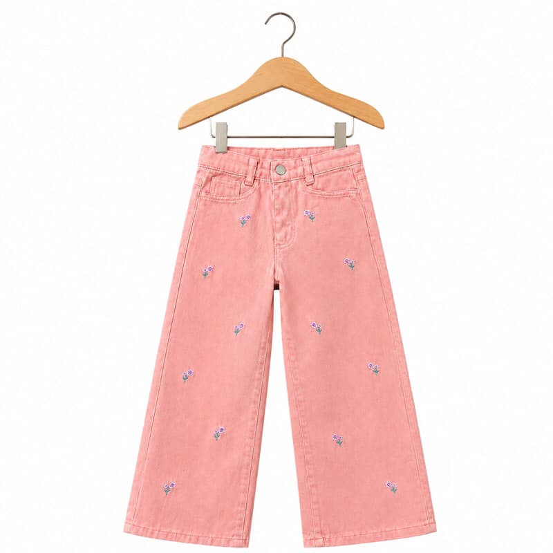 Calça jeans Rosa flores wide leg tecido jeans algodao para meninas de 4 a 10 anos