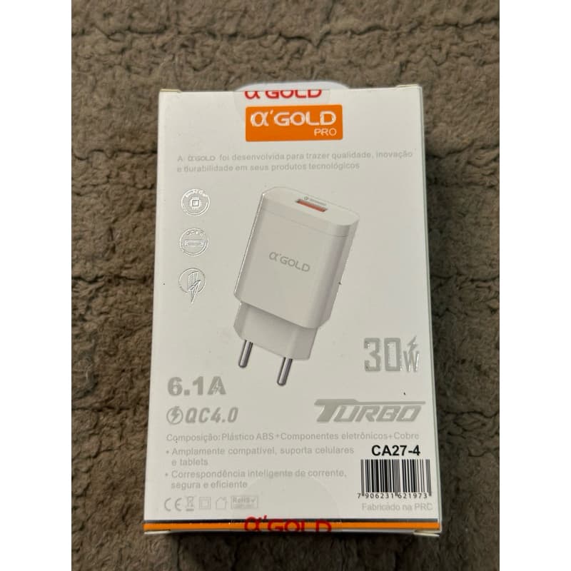 Carregador Turbo 30W 6.1A Original A Gold CA27-4 QC 4.0 Carregamento Rápido USB + Cabo