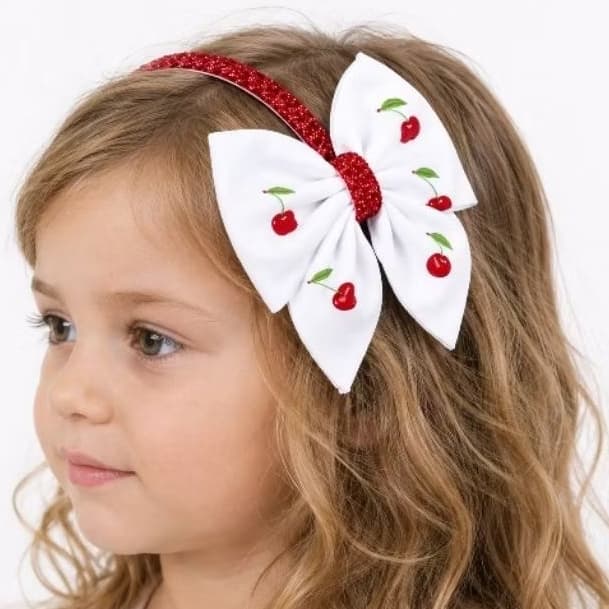 Tiara Infantil Cerejinha com Laço de Pontinhas em Oxfordine Acessório de Cabelo para Menina Artesanal