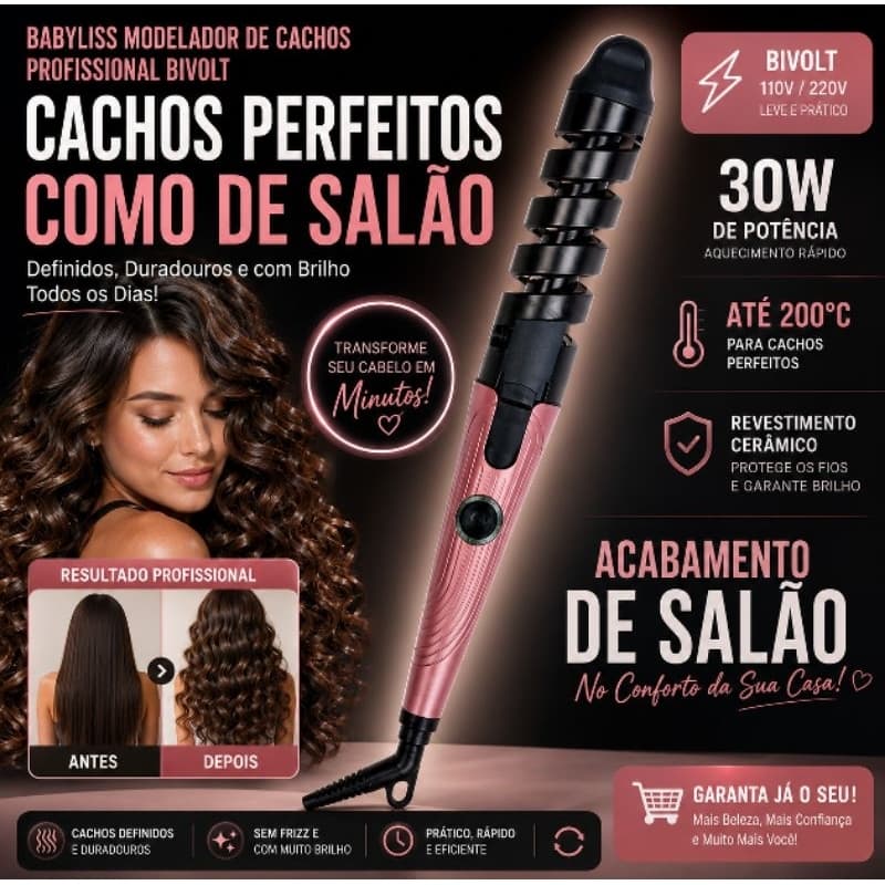 Babyliss Modelador de Cachos Profissional Bivolt  para quem deseja cachos definidos, duradouros  acabamento de salão.
