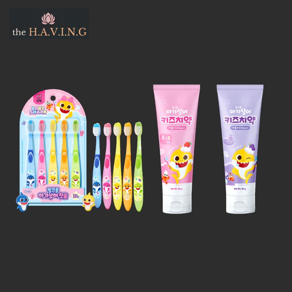 [PINKFONG] Conjunto De Escova De Dentes Infantil Baby Shark De 5/Pasta De Dente (Morango/Uva) _baixo Teor De Flúor 500pp
