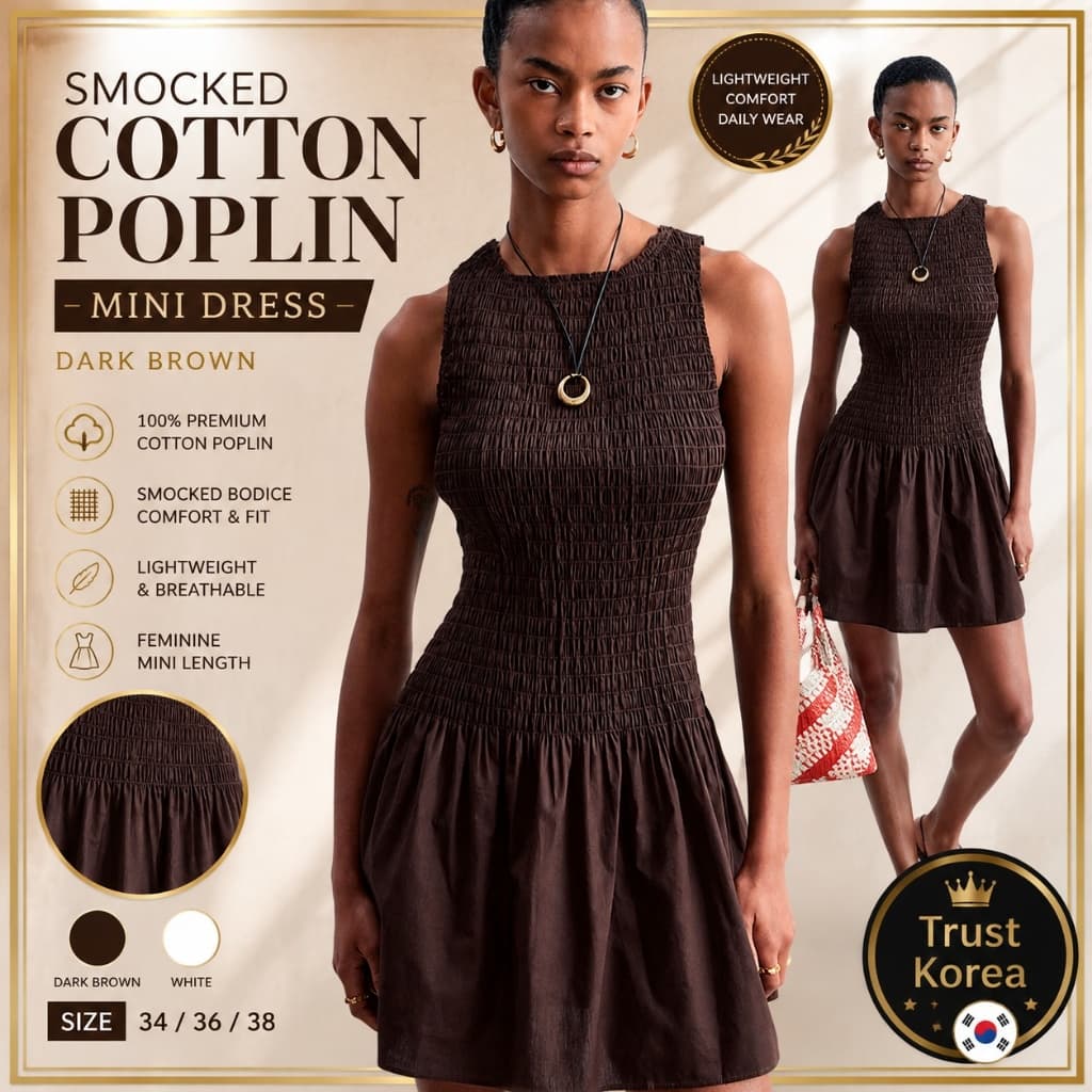Mini Vestido De Popeline De Algodão Fumaça Marrom Escuro Sem Mangas Feminino Casual Verão