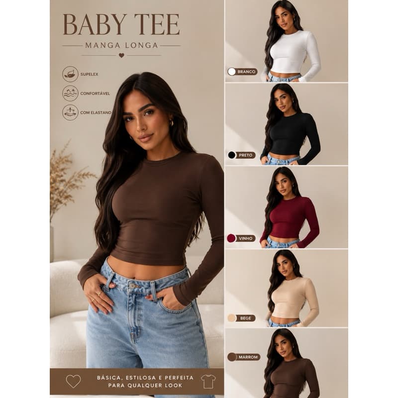 Baby tee Manga Longa Feminina Suplex Blusa Justa Básica Casual Moda Feminina