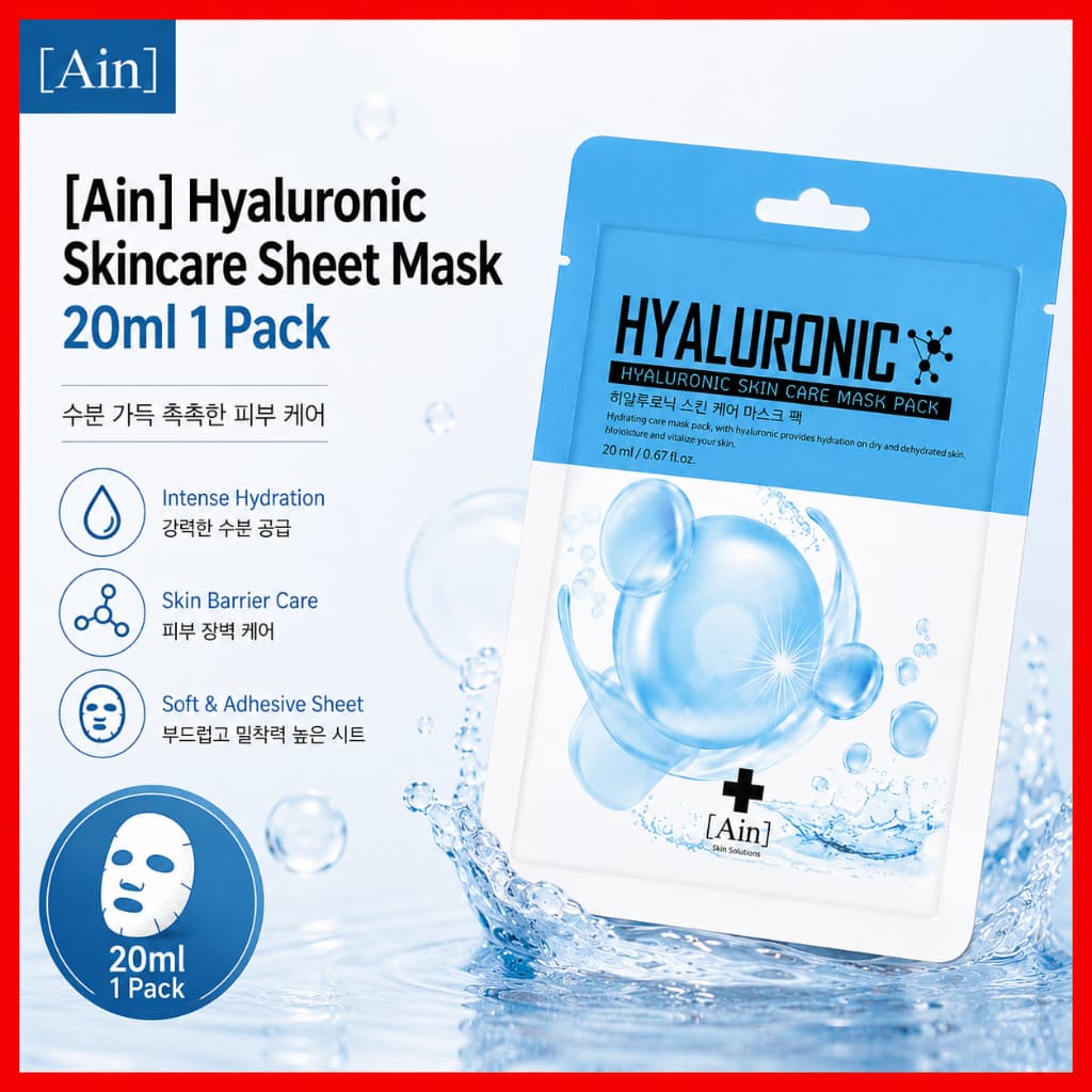 [Ain] Máscara Em Folha Hialurônica Para Cuidados Com A Pele 20ml 1 Pacote , Facial Hidratante Seca/Fabricada Na Coreia