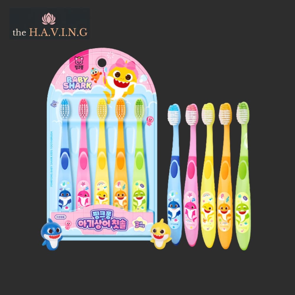 [Pinkfong] Conjunto De Escova De Dentes Infantil Baby Shark (5 Unidades) Pasta De Dente-Morango (Baixo Teor De Flúor 500