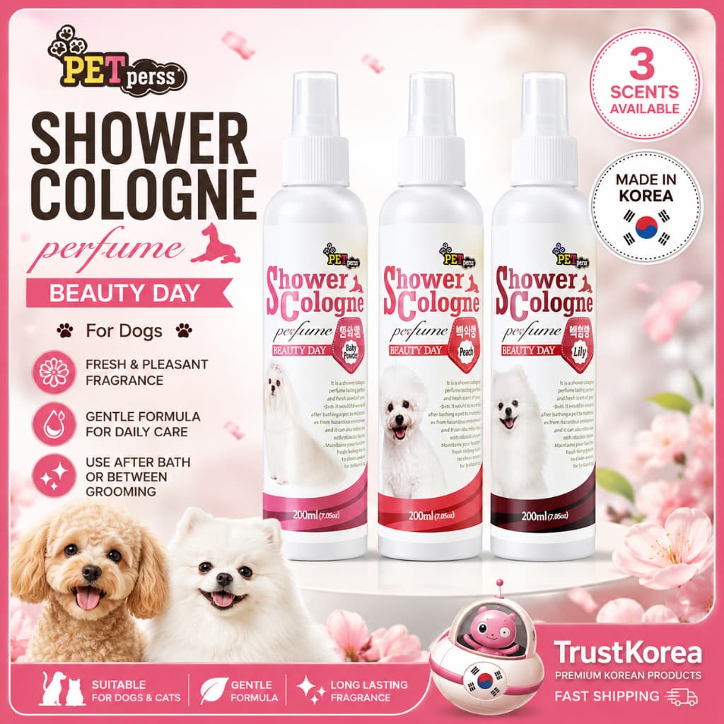 Petperss Pet Shower Colônia Spray 200ml x 3 Aromas Pó Para Bebê Pêssego Lírio Cão Grooming Desodorizante Casaco Cuidados