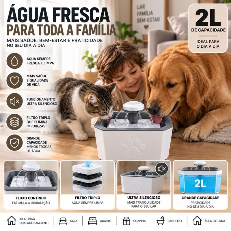 Fonte de Água para Pets 2L – Bebedouro Automático Silencioso com Filtro, Água Fresca e Mais Conforto para Toda a Família